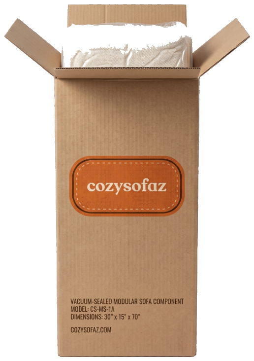 Cozysofaz shipping box, half open, vacuum-sealed sofa inside