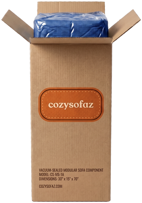 Cozysofaz shipping box, half open, vacuum-sealed sofa inside