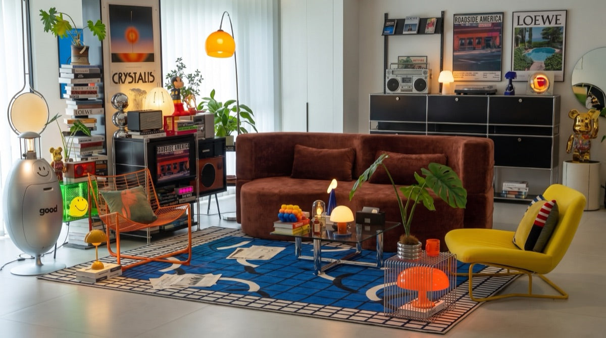 Packed cozy living room with blue grid rug and yellow lounge chair