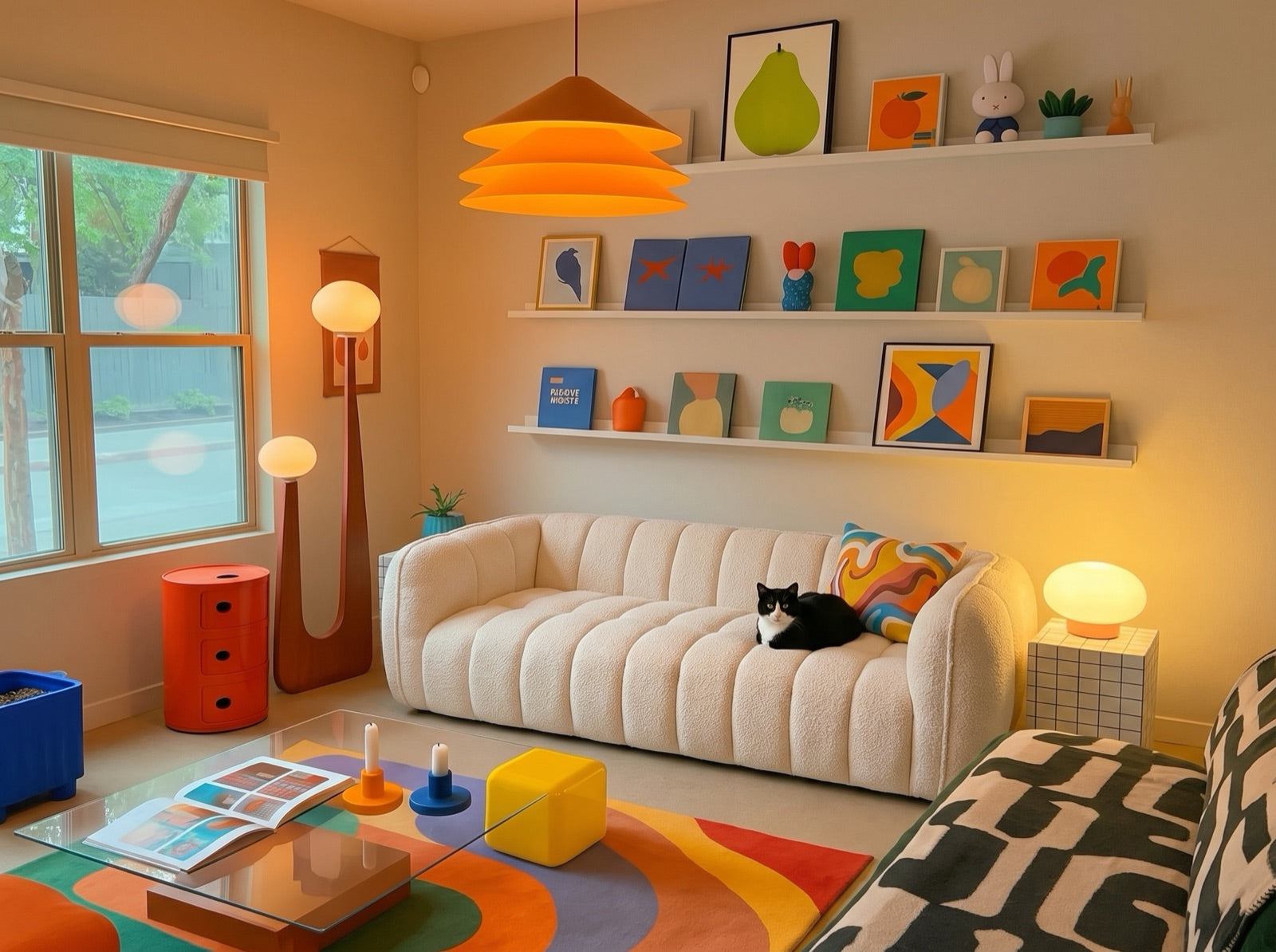 Cream channel-stitched sofa in a warm room full of art and lamps